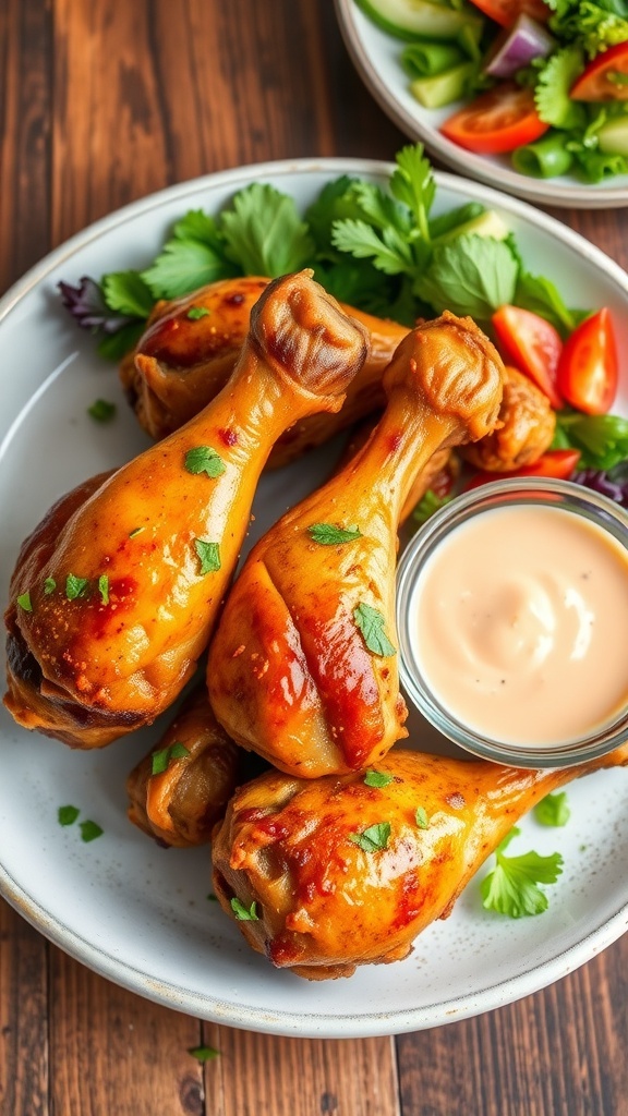 Crispy baked chicken drumsticks on a plate with herbs and dipping sauce.